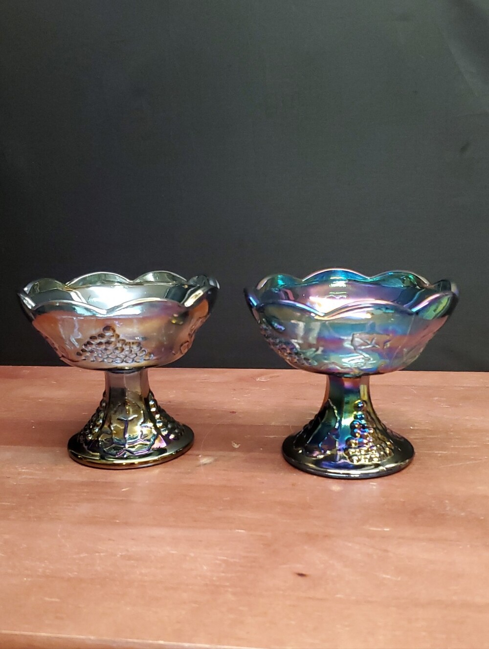 Vintage Iridescent Blue Carnival Glass Pedestal Candleholder Set
